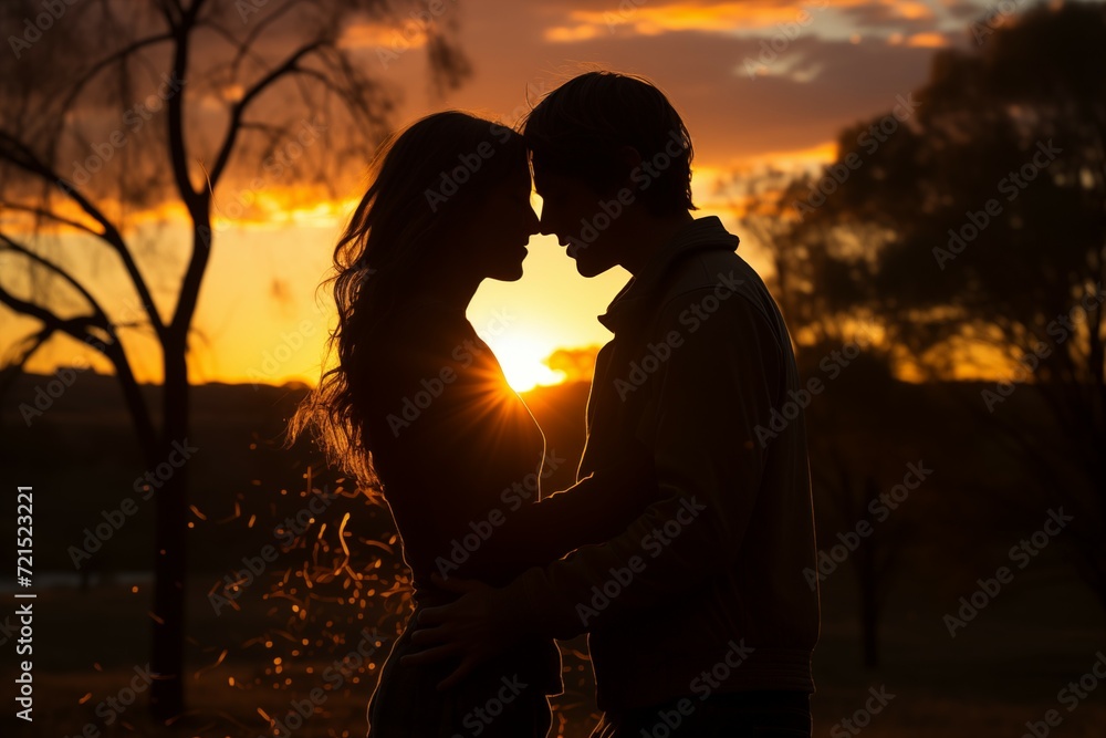 Silhouette of a happy couple in love on the background of the sunset