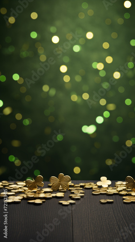 Happy St. Paddy's Day. St. Patrick's day banner with gold coins, glitter and shamrock clover leaves. Vertical banner, smartphone or instagram story background photo