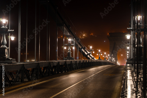 Budapest  Hungary - January 18  2024  Chain bridge at foggy night.