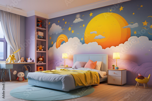 full color bedroom with wallpaper mural