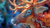 the beauty of a reindeer string art masterpiece, with the camera zooming in on vibrant hues and intricate details.