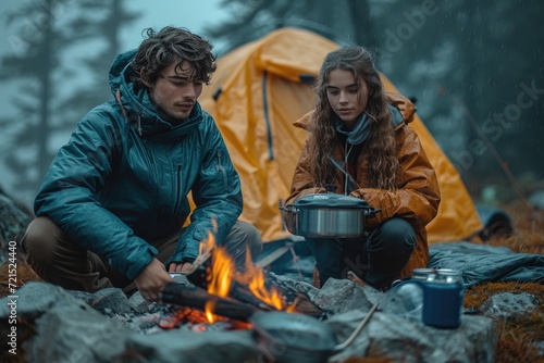A couple huddled together, their faces lit by the crackling campfire, as they brave the chilly winter night in their warm clothing, preparing a delicious outdoor meal