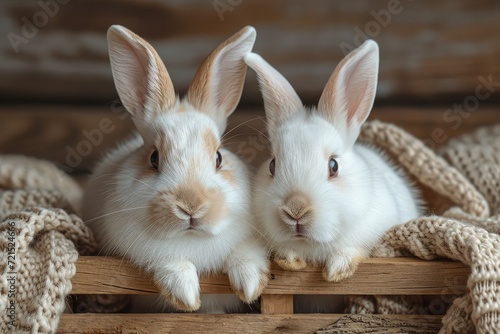 Two cuddly bunnies with twitching noses nestled in a cozy wooden basket, enjoying their indoor domestic life as curious and charming mammals