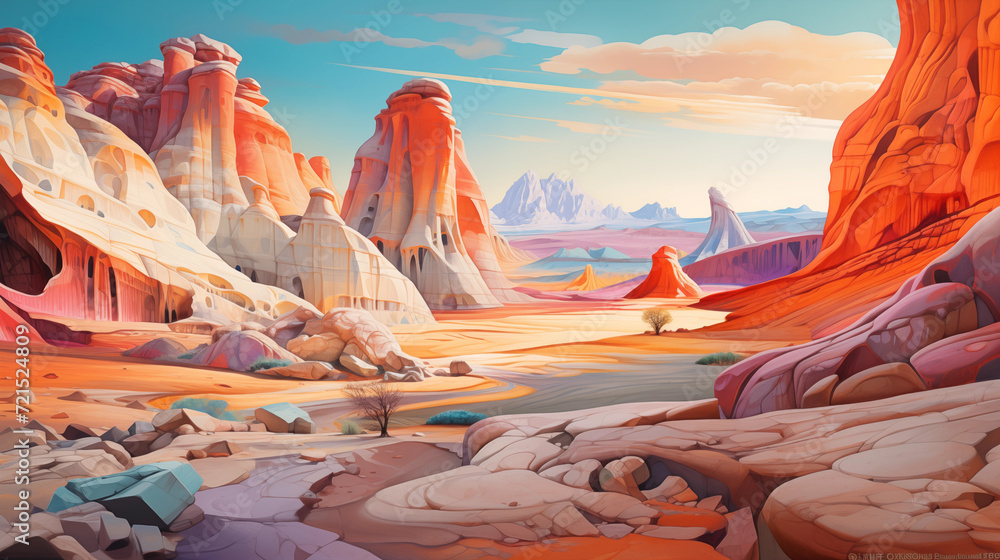 Surreal desert landscape with abstract and dreamlike rock formations in vibrant hues