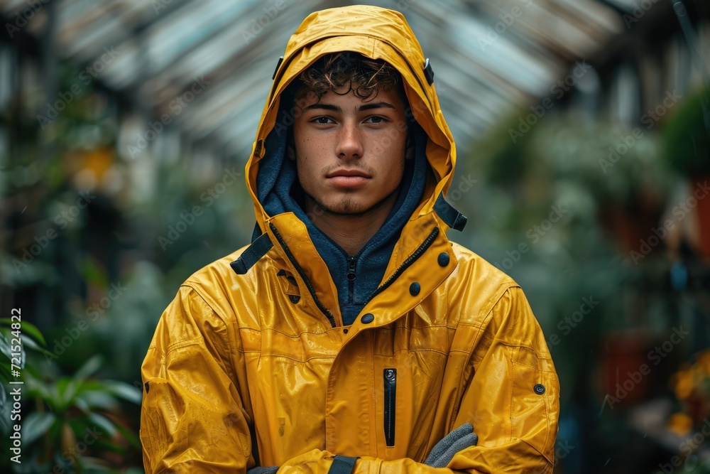 A person with a vibrant human face stands confidently on a bustling street, their eye-catching yellow jacket adding a pop of color against the urban backdrop, as they admire a nearby plant while wear