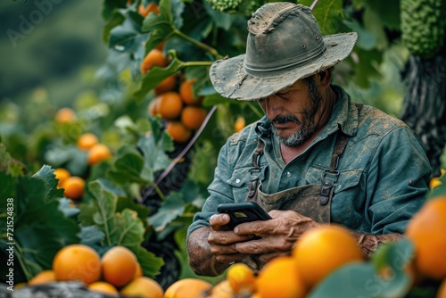 A sun-hatted man indulges in the vibrant colors and nourishing flavors of locally grown oranges while scrolling through vegan nutrition tips on his cellphone amidst a lush outdoor setting photo
