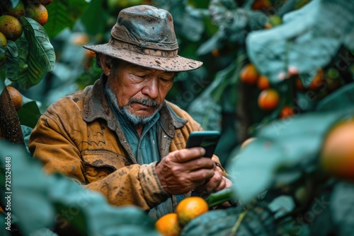 A stylish man sporting a sun hat takes a moment to check his phone amidst a backdrop of lush citrus trees, hinting at his affinity for natural foods