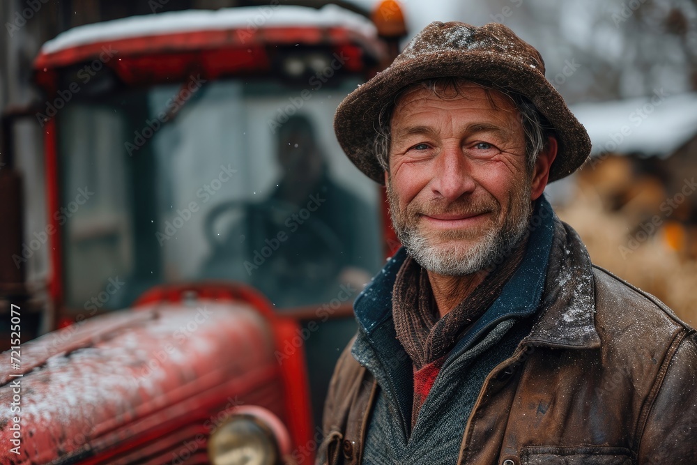 A smiling man in a red hat and coat stands on a wintry street, his head turned towards a passing tractor, adding a touch of rural charm to the urban landscape A smiling man in a red hat and coat stands on a wintry street, his head turned towards a passing tractor, adding a touch of rural charm to the urban landscape