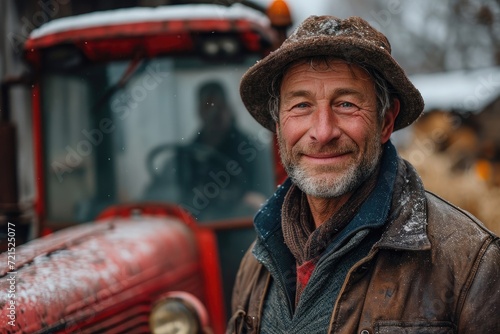 A smiling man in a red hat and coat stands on a wintry street, his head turned towards a passing tractor, adding a touch of rural charm to the urban landscape