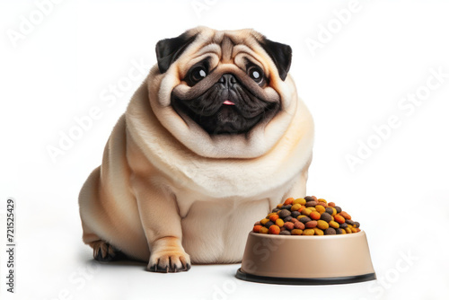 A funny fat pug dog next to the food bowl isolated on solid white background. ai generative © Igor