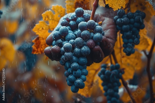 Amidst the vibrant autumn leaves, a hand delicately holds a cluster of juicy seedless grapes, representing the bountiful harvest and the beauty of nature's bounty