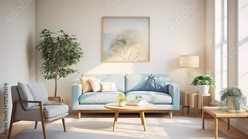 A cozy living space featuring a pastel blue loveseat, a woven area rug, and a collection of potted plants adding a refreshing touch against cream-colored walls. © Nature Lover