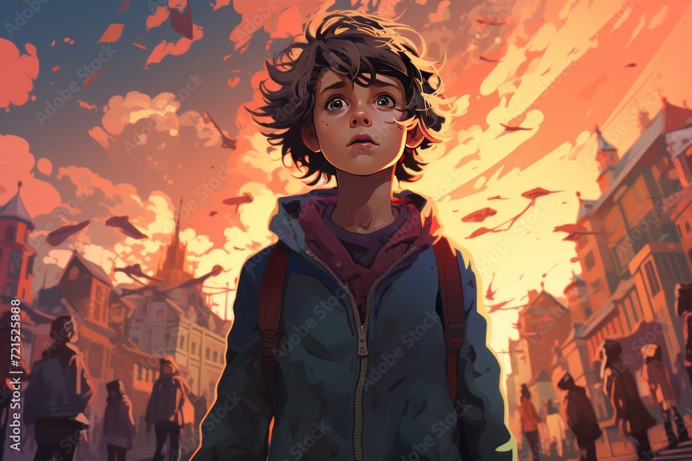 Obraz premium unhappy boy leaving the city in sunset