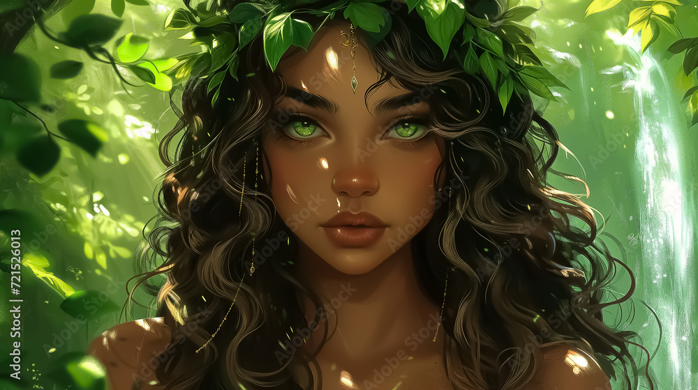 a beautiful girl with green eyes and a tiara of greenery in the forest a beautiful girl with green eyes and a tiara of greenery in the forest