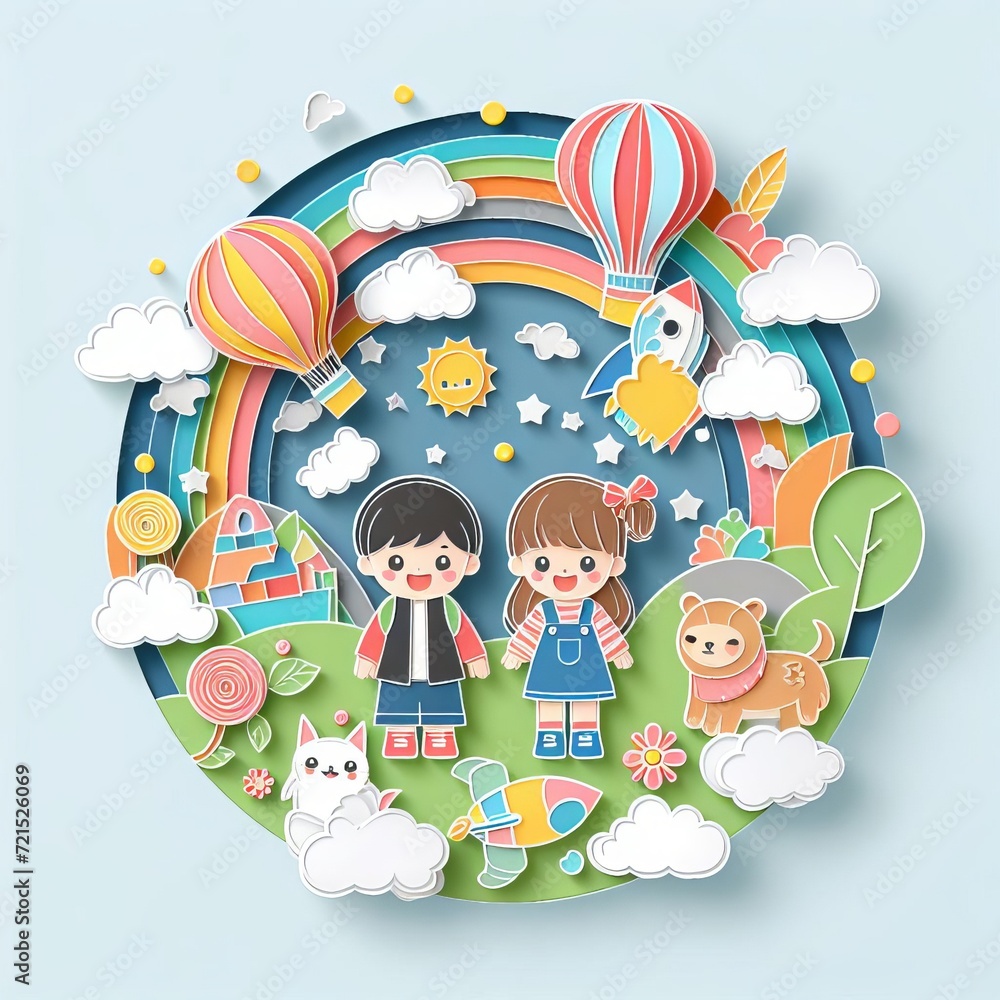 Naklejka premium Happy world childrens day illustration of little kids paper cut style, Generative Ai