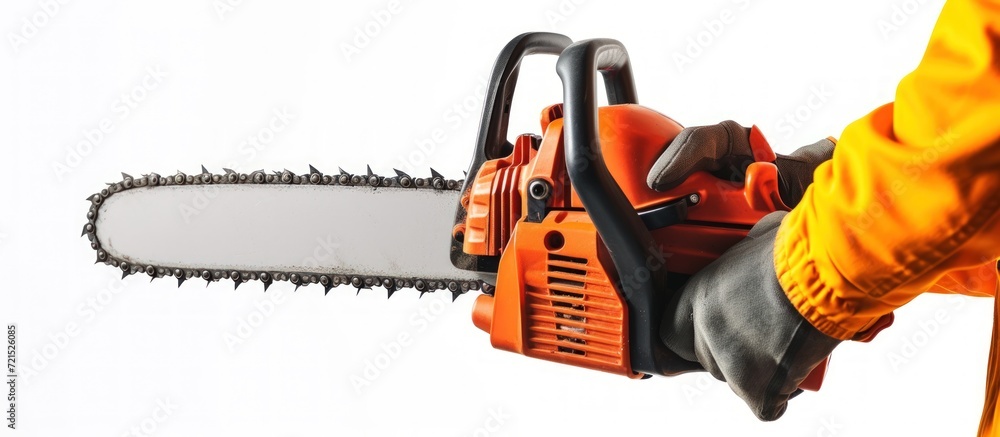 Human hand holding chainsaw isolated white background. AI generated