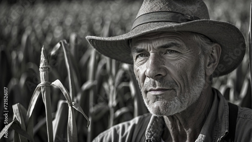 Black and white portrait of a middle-aged farmer man in a cornfield.