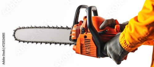 Human hand holding chainsaw isolated white background. AI generated photo