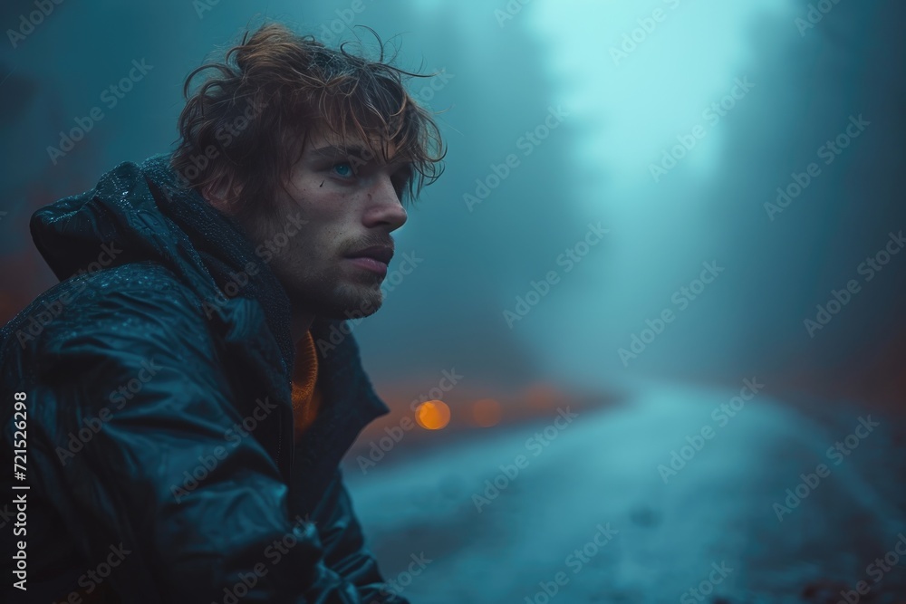 In the midst of the thick, enveloping fog, a lone figure sits on the ...