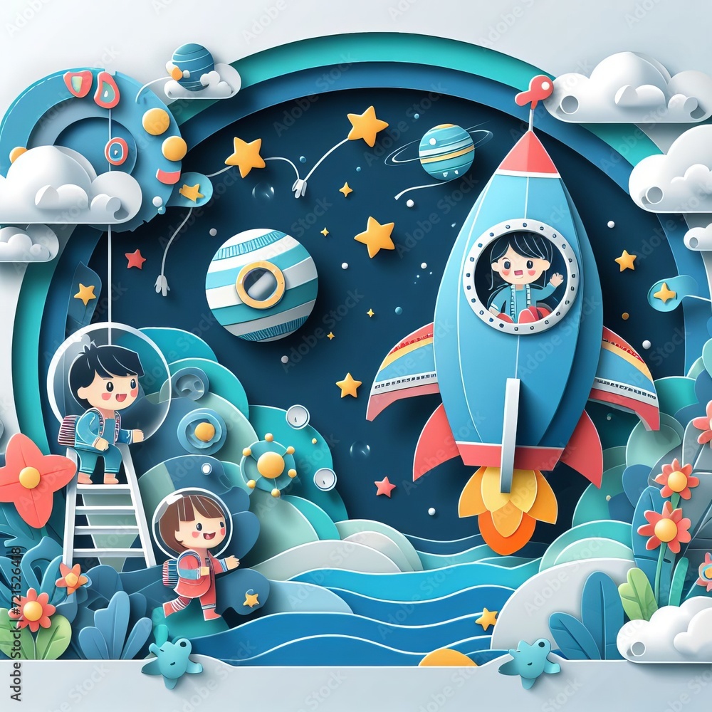 Fototapeta premium Happy world childrens day illustration of little kids paper cut style, Generative Ai