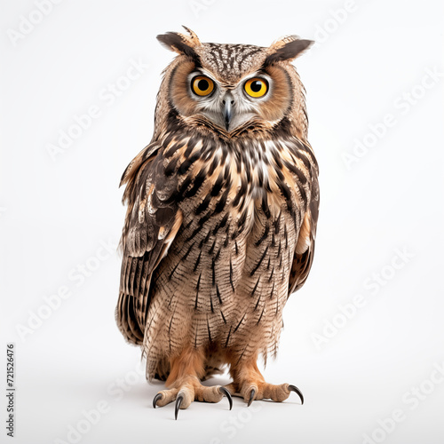 A detailed High quality, portrait image of an owl bird placed on a white background.