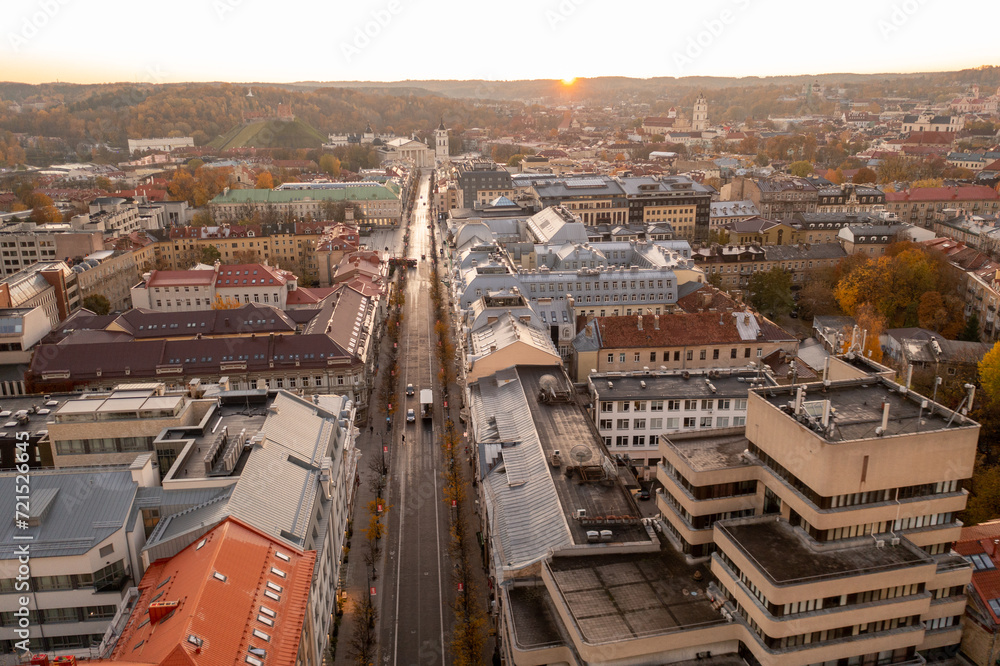 Drone photography of city downtown district during autumn day