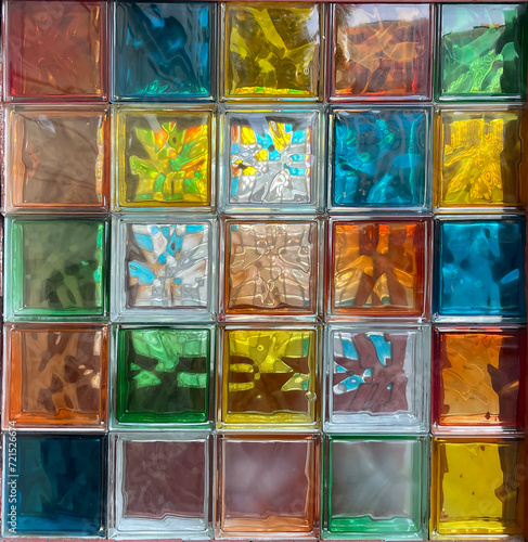 Wall of colored glass blocks