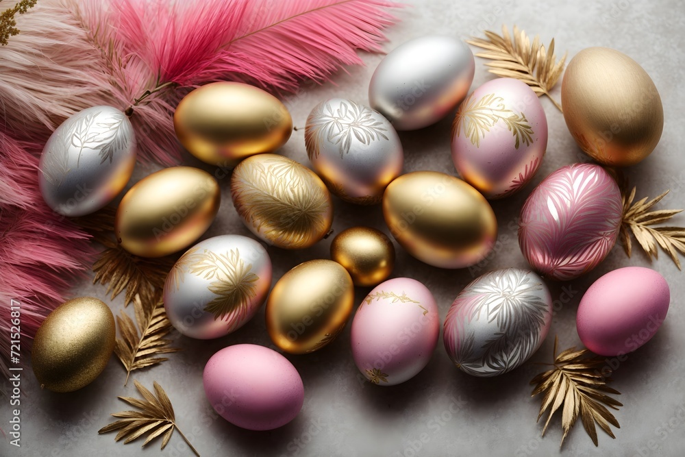 In English, it would be: Easter decor of golden and silver eggs with palm branches in various shades on a simple background