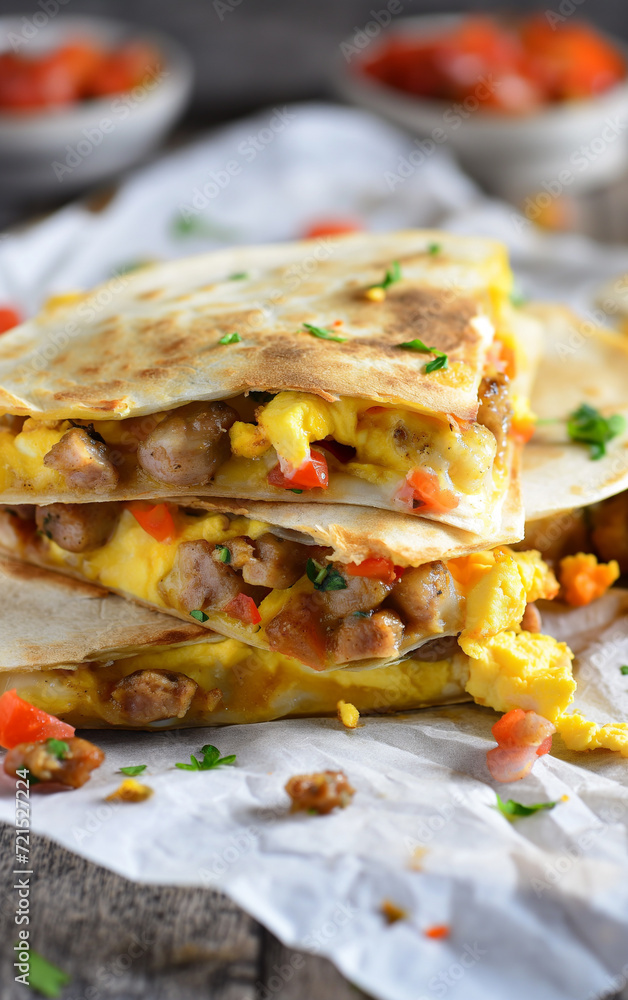 professional, up-close and modern food photography of breakfast quesadilla professional, up-close and modern food photography of breakfast quesadilla