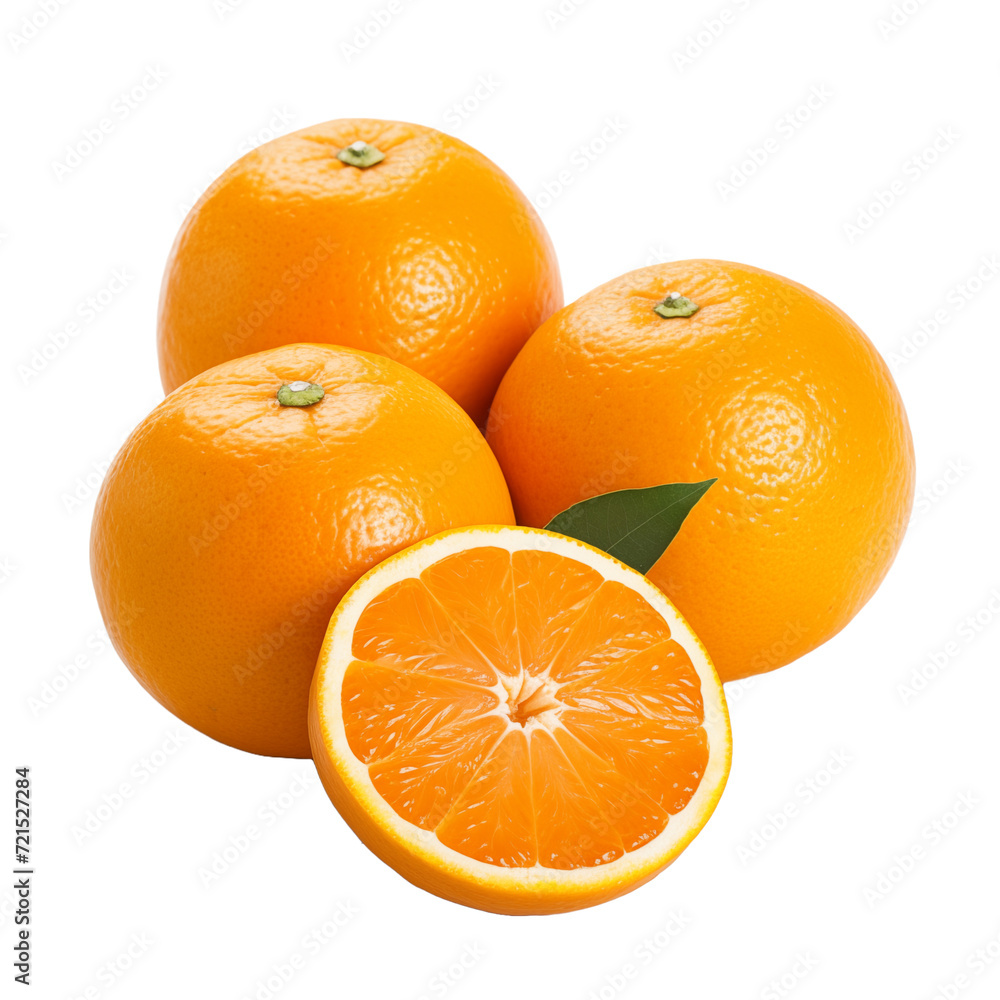 Oranges with leaves isolated on transparent and white background. Ideal for use in advertising. Generative ai Oranges with leaves isolated on transparent and white background. Ideal for use in advertising. Generative ai