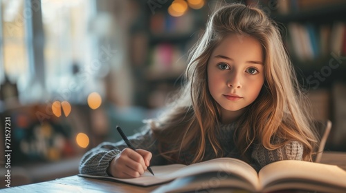 A 12-year-old girl sits at the table and does her homework