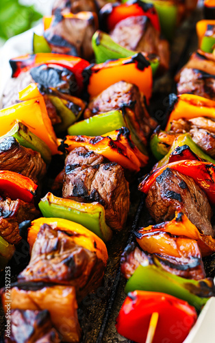 professional, up-close and modern food photography of grilled steak tip kabobs