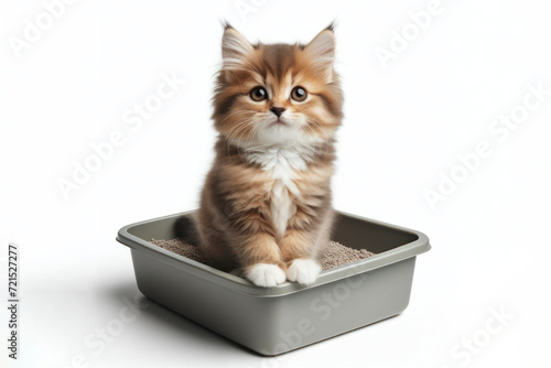 full body photo of a little kitten sitting on the litter box isolated on solid white background. ai generative photo
