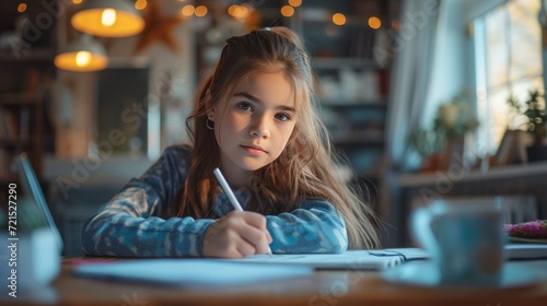 A 12-year-old girl sits at the table and does her homework
