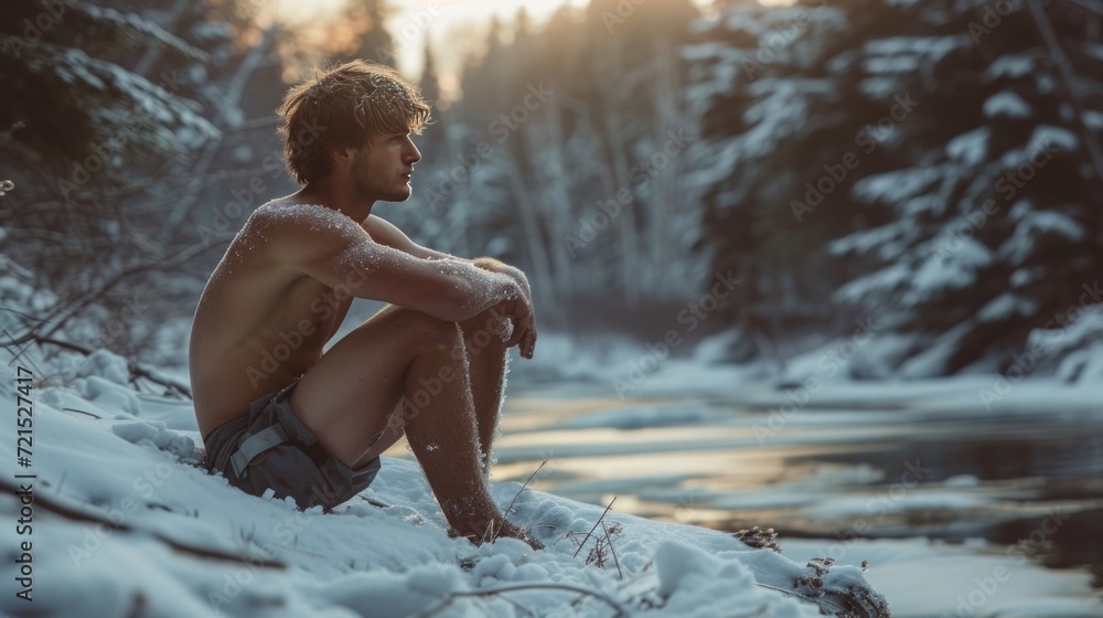 A frozen man sits in only shorts in the middle of a winter forest A frozen man sits in only shorts in the middle of a winter forest