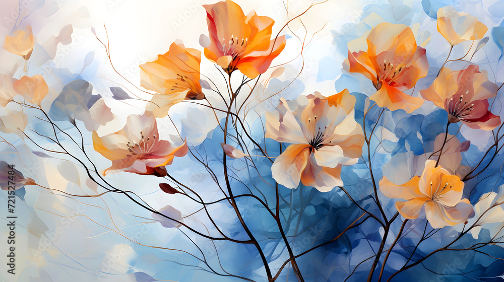 Nature background, Painting of Orange and White Flowers on a Blue Background, spring, with watercolor-like washes and brushwork, making it ideal for advertisements and wallpapers
