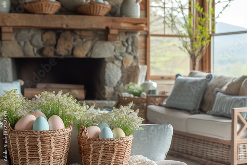 A cozy, rustic living room with Easter accents. Woven baskets filled with pastel eggs, a stone fireplace with fresh spring flowers, and warm wooden furniture. Soft morning light adds charm.