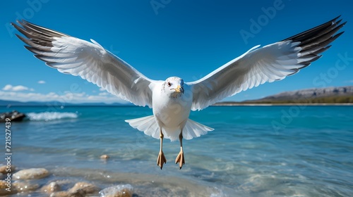 A close-up of a seagull soaring above the cobalt blue ocean  against a clear blue sky
