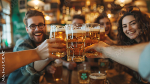 A cheerful company of young people celebrate St. Patrick's Day in an Irish pub