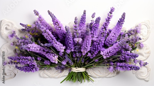 Symmetrical composition of lavender flowers bouquet on white background  flat lay arrangement