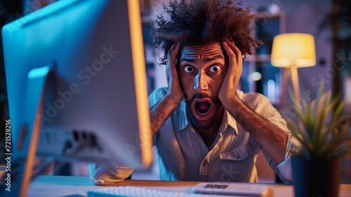 A man sits with a computer, his face expresses horror, he tears out the hair ...