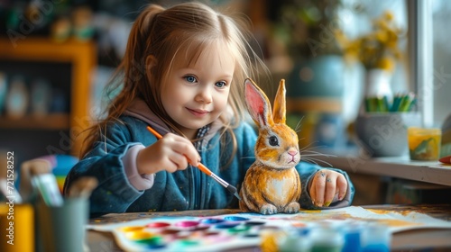 A girl paints the Easter bunny with watercolor paints