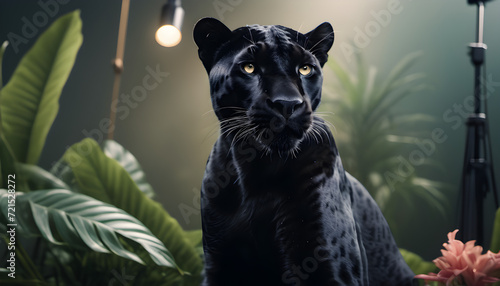 A Majestic black panther stands gracefully against a backdrop of vibrant tropical plants, illuminated by studio light © PLATİNUM