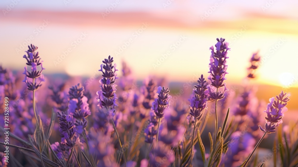 Purple lavender flowers blooming. Closeup shot at golden hour sunset. AI Generated Purple lavender flowers blooming. Closeup shot at golden hour sunset. AI Generated