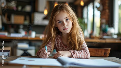 A 12-year-old girl sits at the table and does her homework