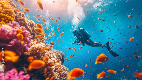 A scuba diver swims next to a shark in the ocean underwater