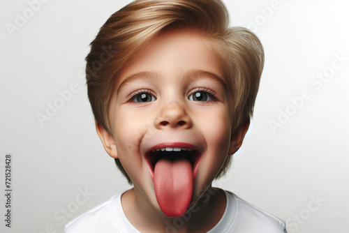 funny little kid boy shows long tongue isolated on solid white background. ai generative