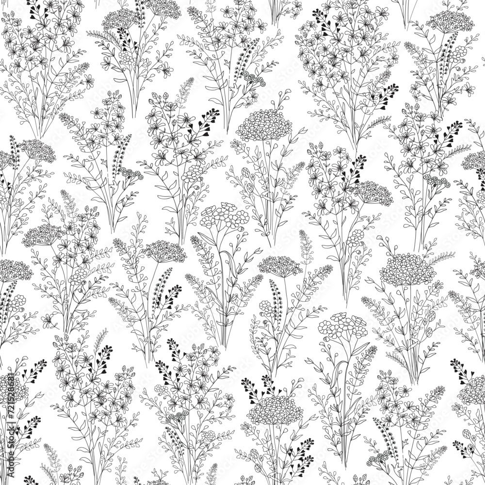 Seamless floral background of bouquets of wild flowers. Botanical clip art. Wildflowers wreath skethc.Vector Line drawn leaves and branches.Vector flowers. Floral decor. Seamless floral background of bouquets of wild flowers. Botanical clip art. Wildflowers wreath skethc.Vector Line drawn leaves and branches.Vector flowers. Floral decor.