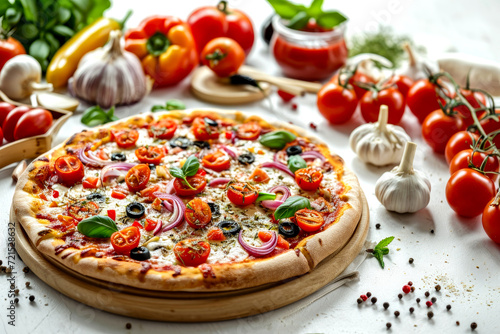 Italian pizza with mozzarella, tomatoes, olives and basil. ingredients for making pizza