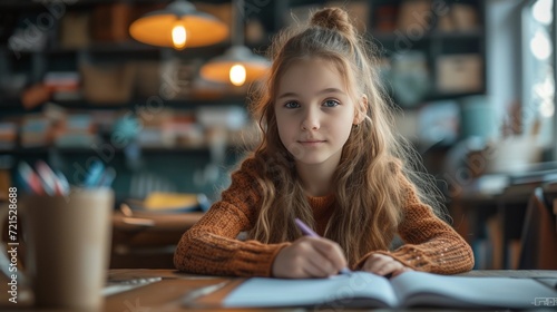 A 12-year-old girl sits at the table and does her homework